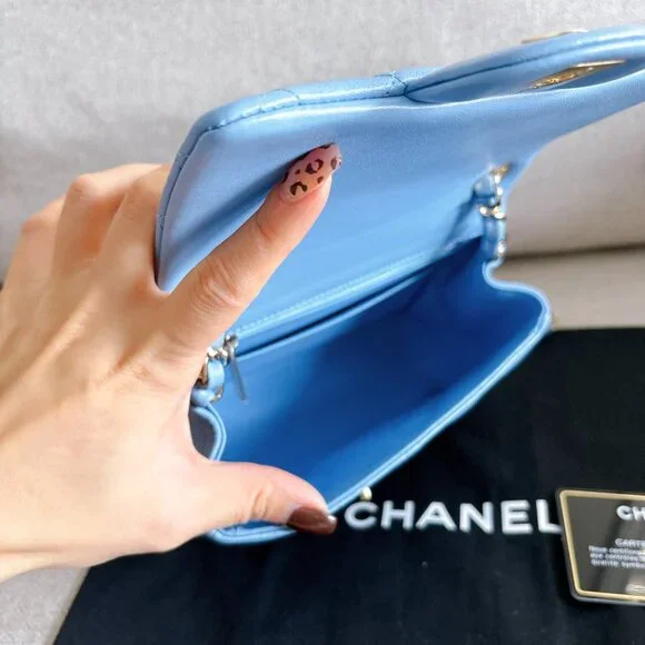 98% NEW CHANEL LAMB SKIN BABY BLUE SQUARE FLAP BAG - Picture 7 of 15